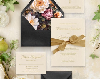 FRANCESCA Handmade Paper Wedding Invitation Suite - Natural Deckled Edge Paper w/ Gold Foil Printing - Semi Custom Wedding Invite