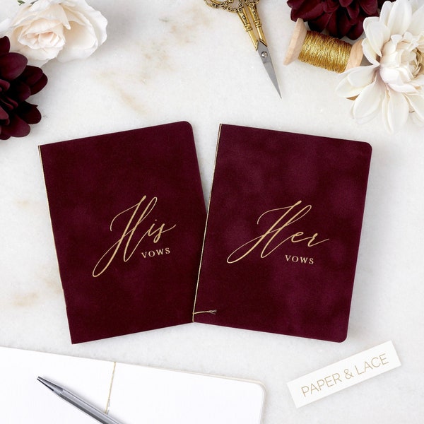 Wine Velvet Vow Books with Gold or Silver Foil for Wedding Ceremony - His Vows/Her Vows - Burgundy Suede Keepsake Book - Styled Shoot Sample