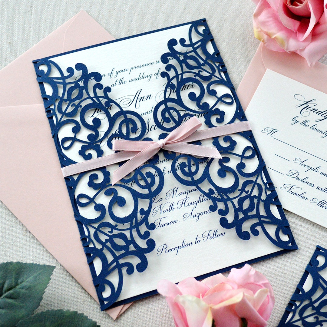 LARA Navy Laser Cut Wedding Invitation Glittering Navy