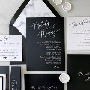 MELODY White Ink on Black Wedding Invitation Modern Wedding Invite with Marble Envelope Liner Black and White Wedding Invitation Suite image 1