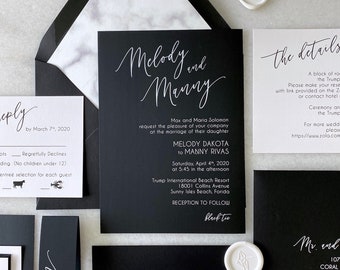 MELODY- White Ink on Black Wedding Invitation - Modern Wedding Invite with Marble Envelope Liner - Black and White Wedding Invitation Suite