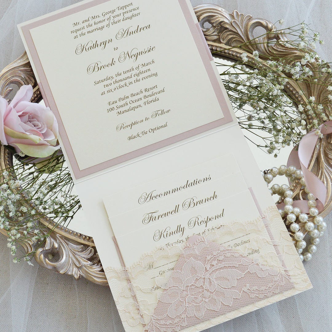 kathryn lace pocket wedding invitation pink blush and ivory etsy