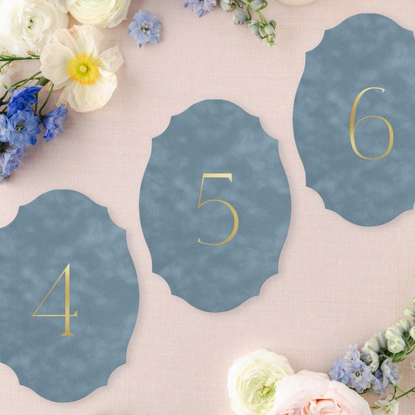 Velvet Table Numbers with Gold Foil - Fancy Oval Shape - Die Cut Table Number Cards - Custom Colors