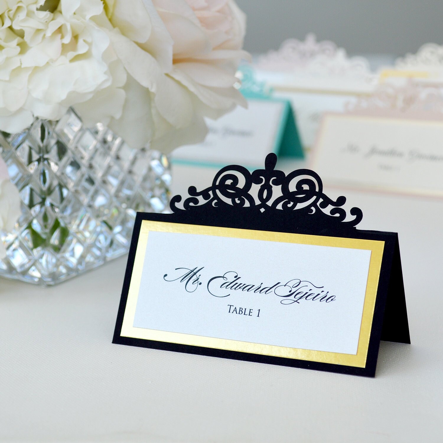 Black Laser Cut Place Card with Silver or Gold Accent Escort Etsy