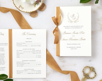 Wedding Program with Gold Silk Ribbon - Ivory Folding Program with Gold Bow - Church Program - Custom Wording & Colors