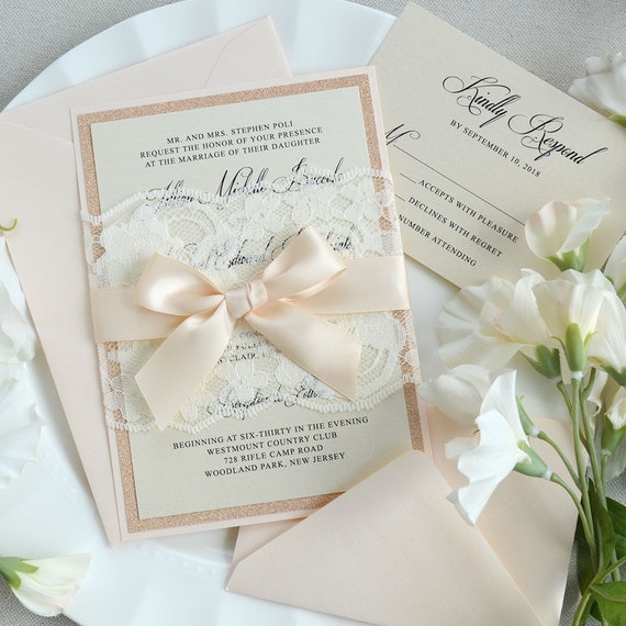 Jillian Ivory Lace Wrapped Wedding Invitation With Rose Gold Etsy