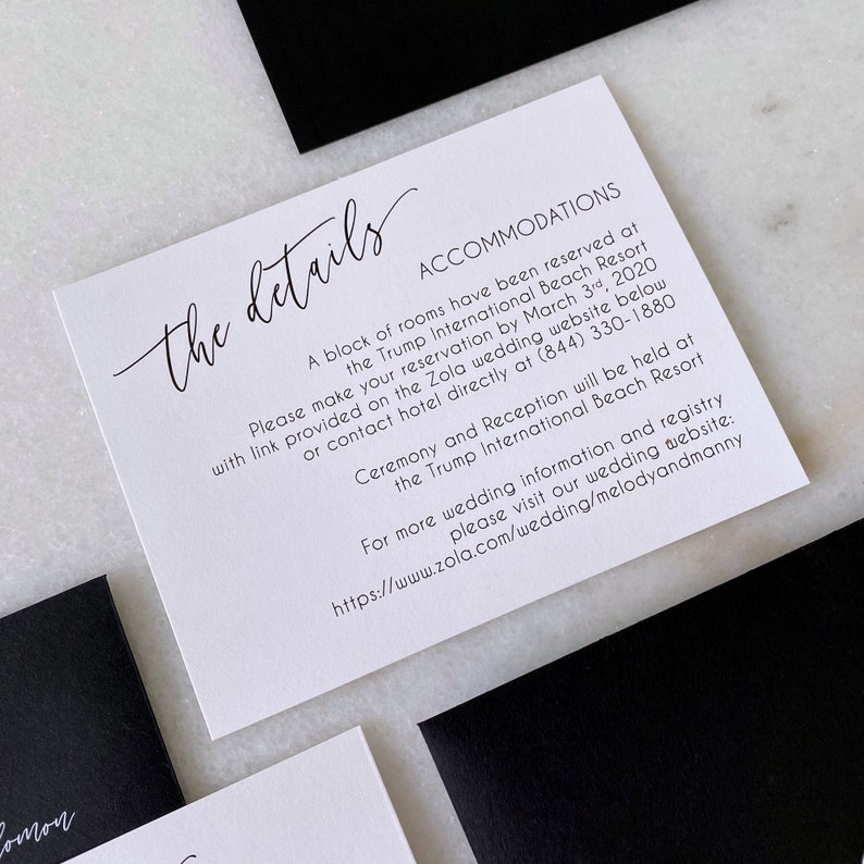 MELODY White Ink on Black Wedding Invitation Modern Wedding Invite with Marble Envelope Liner Black and White Wedding Invitation Suite image 4