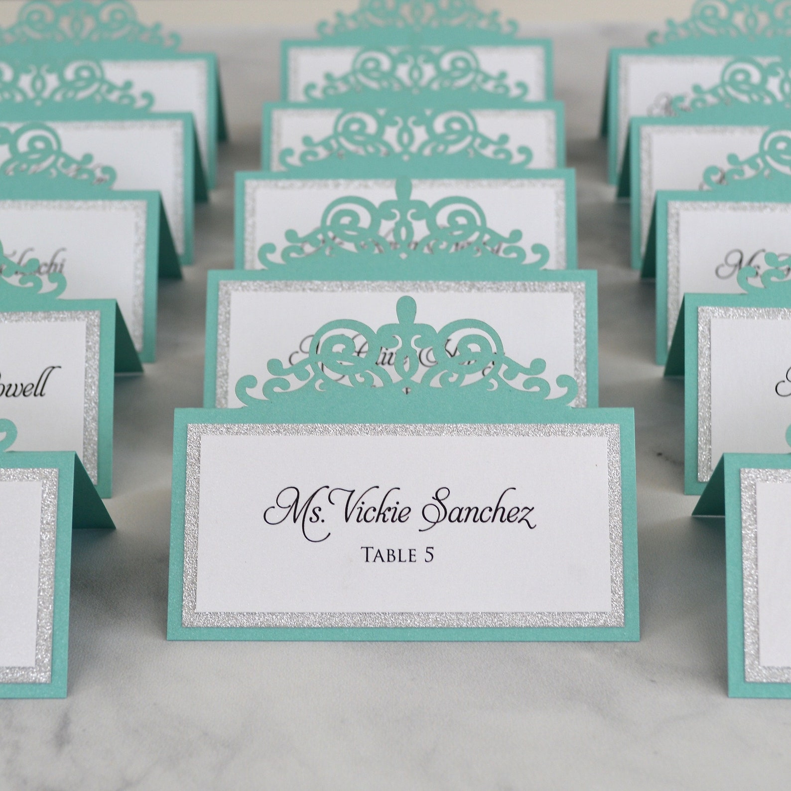 Aqua Laser Cut Place Card With Silver Glitter or Silver Foil Etsy