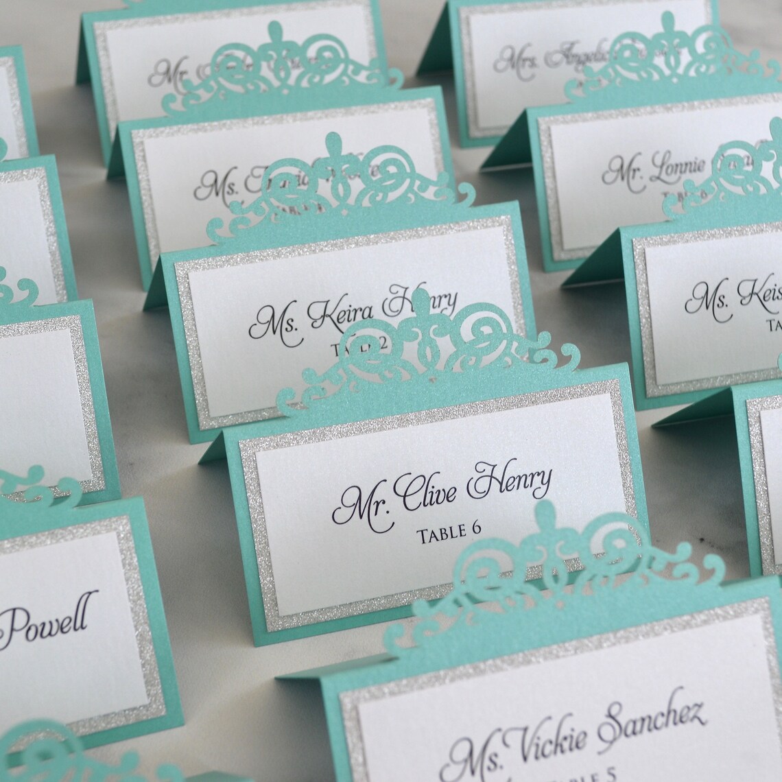 Aqua Laser Cut Place Card With Silver Glitter or Silver Foil Etsy