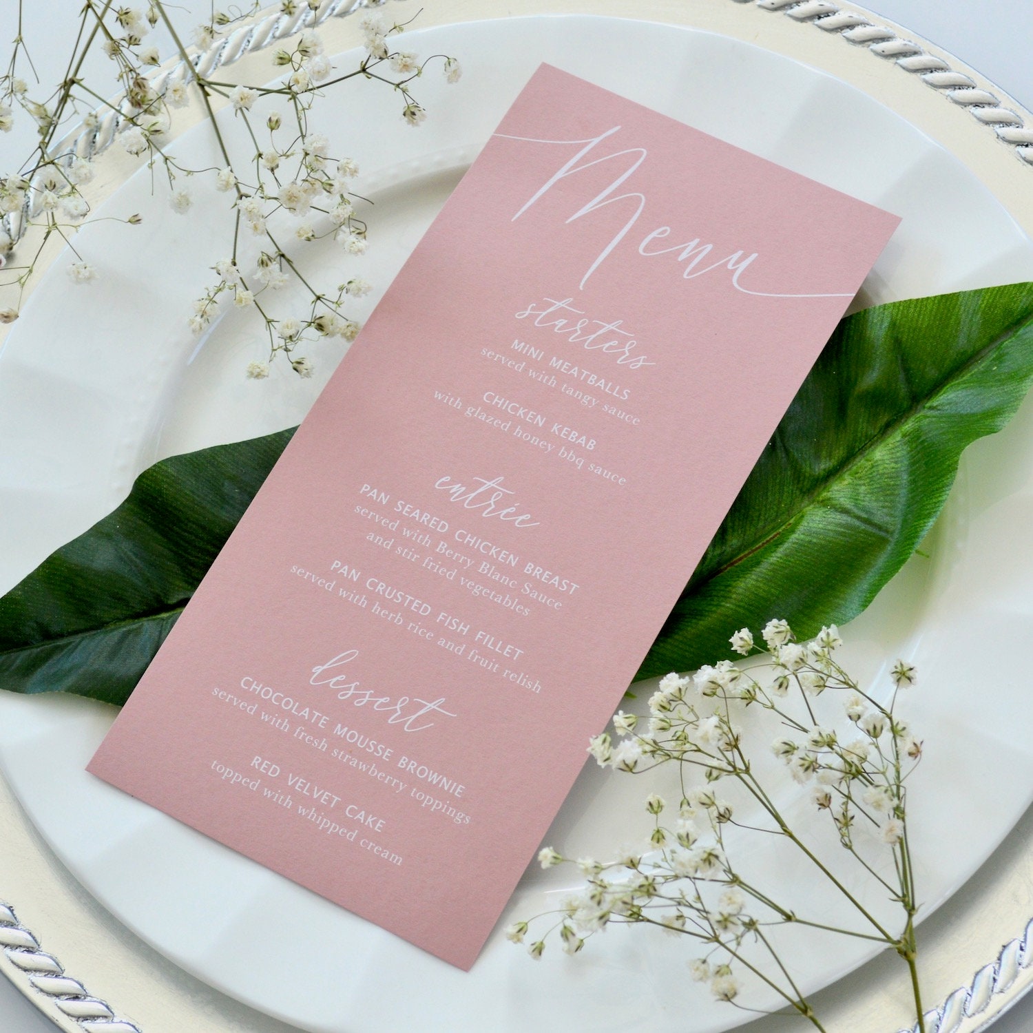 blush wedding menu white ink on dusty rose card stock