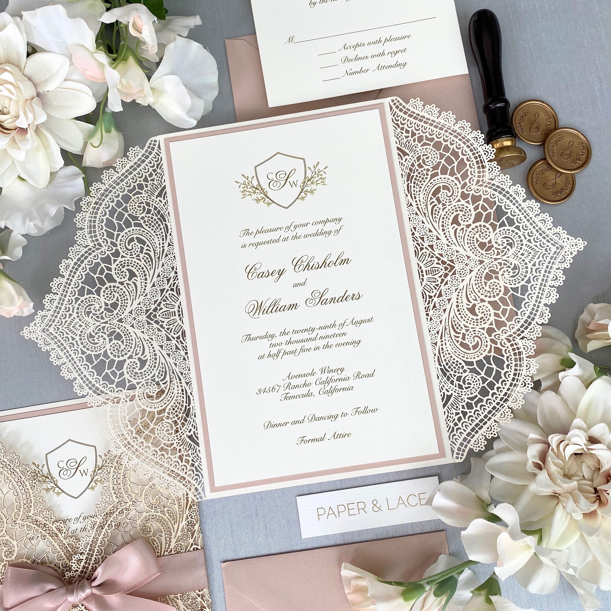 IVORY &amp; BLUSH CHANTILLY Lace Laser Cut Wrap Invitation