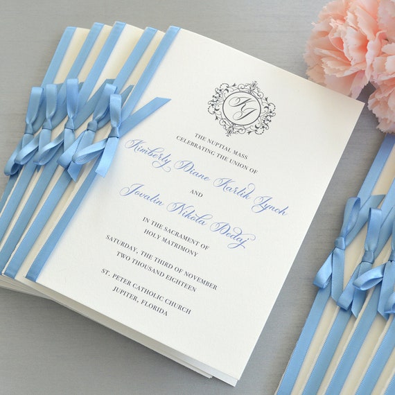 Wedding Program With Satin Ribbon Bow Ivory And Dusty Blue Etsy
