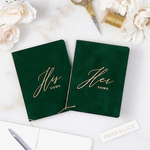 Emerald Green Velvet Vow Books with Gold Foil for Wedding Ceremony - His / Her Vows - Forest Green Suede Keepsake Book - Styled Shoot Sample