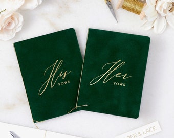 Emerald Green Velvet Vow Books with Gold Foil for Wedding Ceremony - His / Her Vows - Forest Green Suede Keepsake Book - Styled Shoot Sample