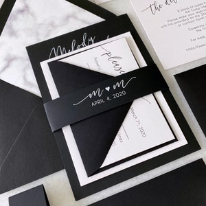 MELODY White Ink on Black Wedding Invitation Modern Wedding Invite with Marble Envelope Liner Black and White Wedding Invitation Suite image 2