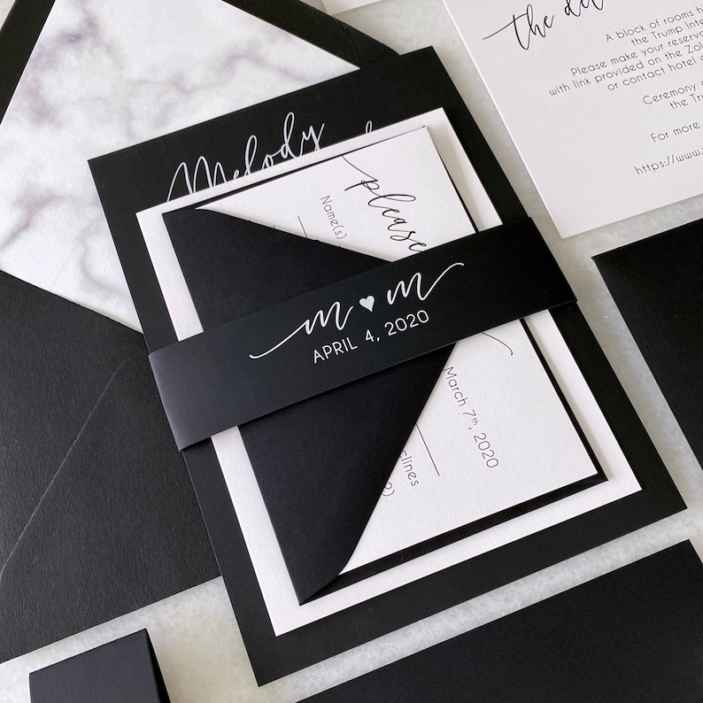 MELODY White Ink on Black Wedding Invitation Modern Wedding Invite with Marble Envelope Liner Black and White Wedding Invitation Suite image 2