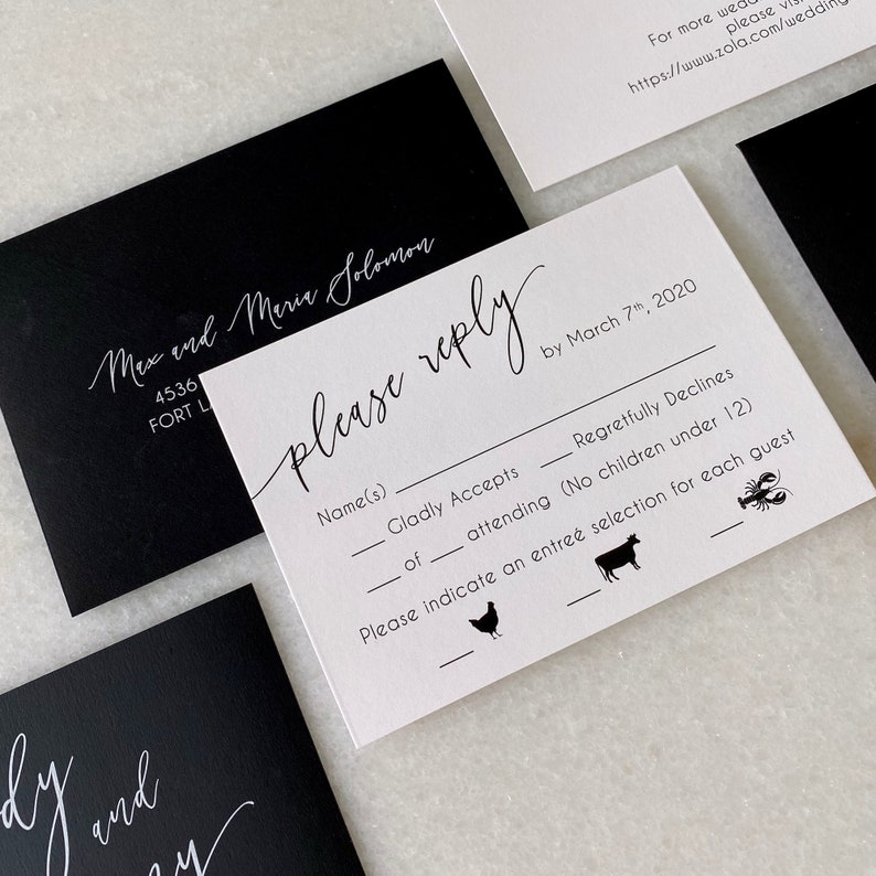 MELODY White Ink on Black Wedding Invitation Modern Wedding Invite with Marble Envelope Liner Black and White Wedding Invitation Suite image 3