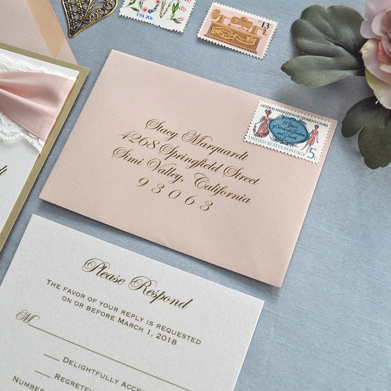 THE KNOT Blush and Gold Wedding Invitation with Ivory Lace