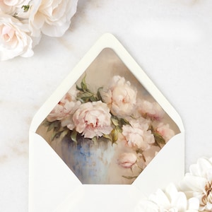 Blush Peonies Envelope Liner - A7 Euro Flap Envelope Liners - Digitally Printed Floral Liners for Wedding Invitation Envelopes