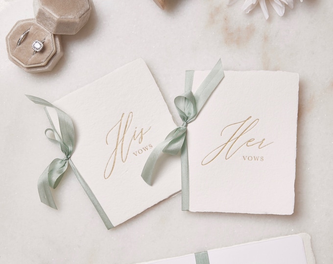 Featured listing image: Handmade Paper Vow Books with Gold Foil and Sage Green Silk Ribbon for Wedding Ceremony - His/Her Vows - Keepsake Book - Styled Shoot Sample
