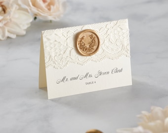 Wax Seal and Lace Place Cards - Tented Escort Cards - Personalized Name /Table card for Wedding Receptions -  Custom Colors Available