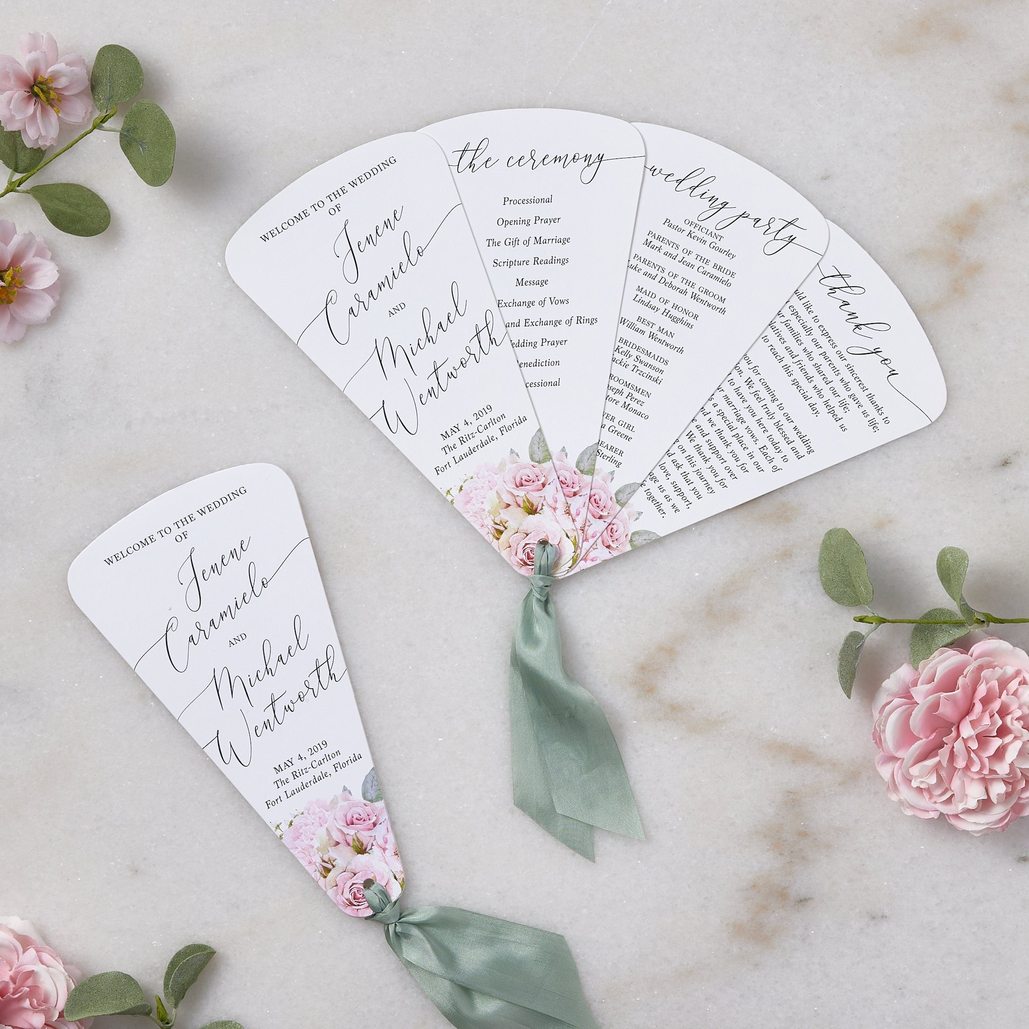 Program Petals 4 Petal Fan Program in White With Blush Flowers and Silk Ribbon ...