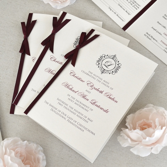 Wedding Program With Satin Ribbon Bow Ivory And Burgundy Etsy