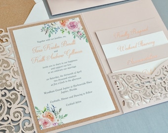 TARA - Rose Gold Foil Stamped Laser Cut Wedding Invitation - Blush Laser Cut Pocket Invite - Rose Gold Foil Printing-Rose Gold Glitter Liner