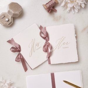 Handmade Paper Vow Books with Gold Foil and Rosewood Silk Ribbon for Wedding Ceremony - His/Her Vows - Keepsake Book - Styled Shoot Sample