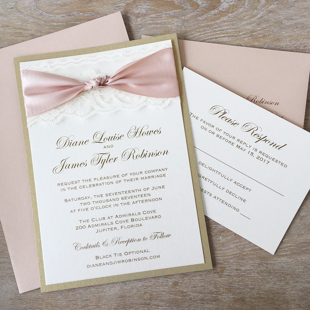 The Knot Blush And Gold Wedding Invitation With Ivory Lace