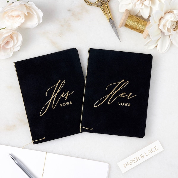 Black Velvet Vow Books with Gold or Silver Foil for Wedding Ceremony - His Vows / Her Vows - Black Suede Keepsake Book - Styled Shoot Sample