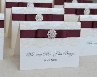 Silver Crystal Button Place Cards - Burgundy and Ivory Lace Escort Cards - Vintage Table Cards - Satin Bow and Rhinestone Button