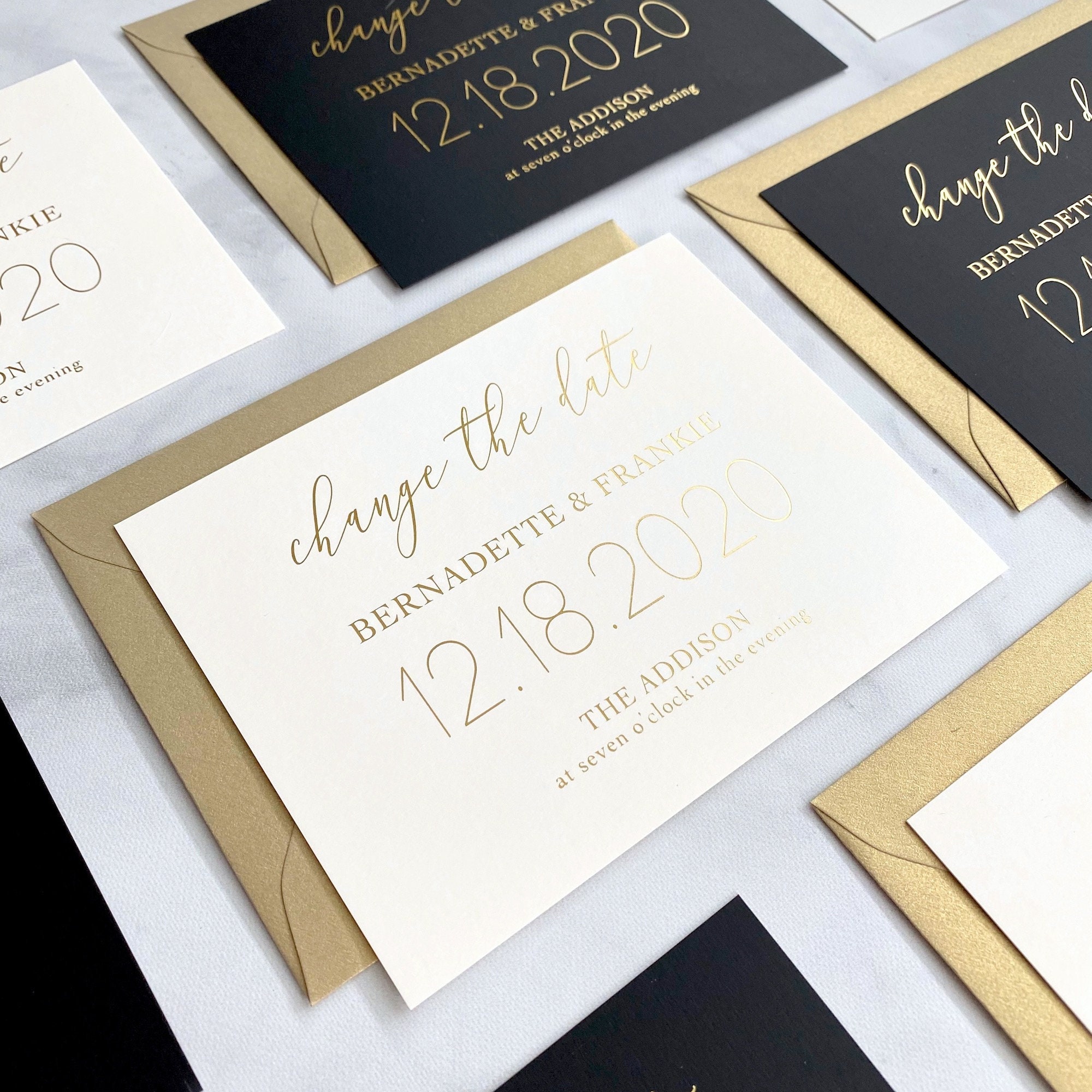 Change The Date Gold Foil Stamp Printing On Double Thick White Card Stock And Gold Shimmer Envelopes Save Our New Date Postponement