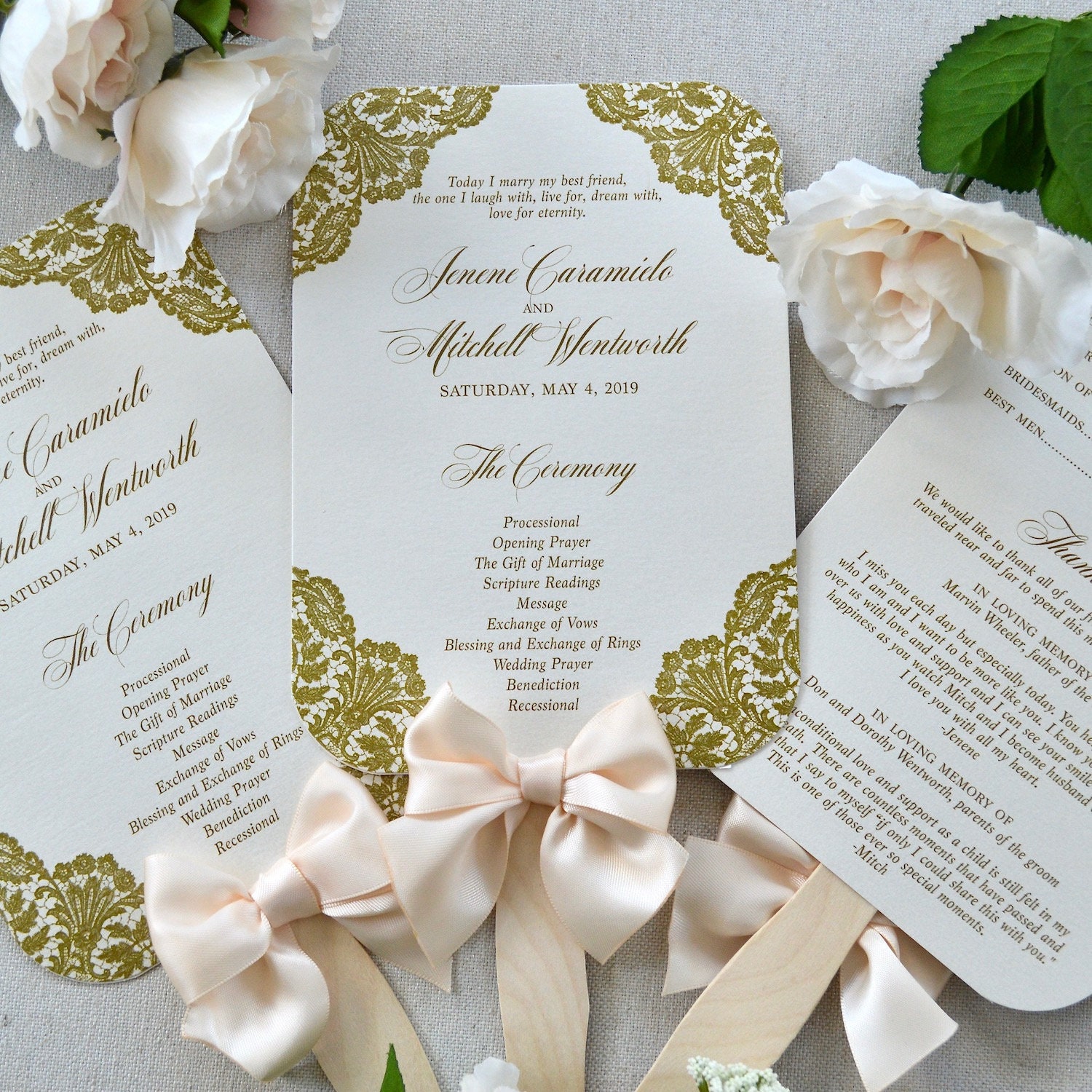 Fan Wedding Program With Bow Ivory Program With Peach Blush