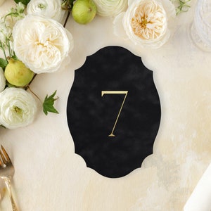 Velvet Table Numbers with Gold Foil - Fancy Oval Shape - Die Cut Table Number Cards - Custom Colors