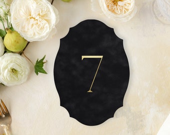 Velvet Table Numbers with Gold Foil - Fancy Oval Shape - Die Cut Table Number Cards - Custom Colors