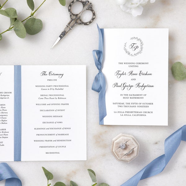 Wedding Program with Dusty Blue Silk Ribbon - White Folding Program with French Blue Bow - Church Program - Custom Wording & Colors