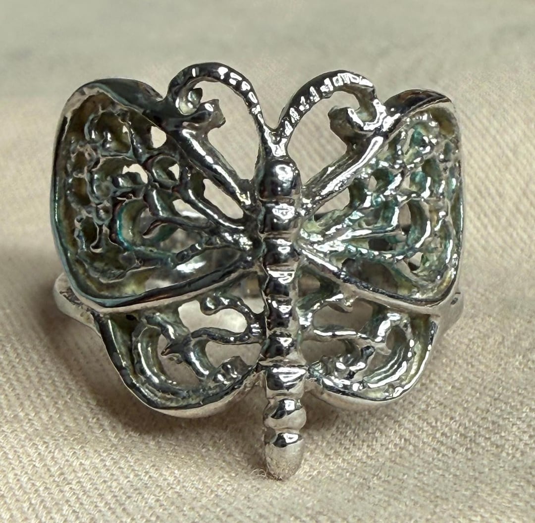 Vintage 925 Sterling Silver Butterfly Ring Openwork Filigree Wide Band ...