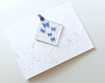 Embossed Meadow Greetings Card with Fused Glass Hanger, Blue Butterflies, symbol of new beginnings