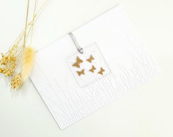 Embossed Meadow Greetings Card with Fused Glass Golden Butterflies