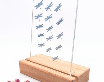 A Collection of Dragonflies, Fused Glass Panel design blue/silver in a wooden stand