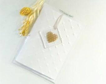 Embossed Hearts Greetings Card with Fused Glass Gold Heart Hanger