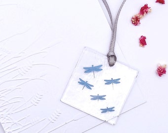 Embossed Meadow Greetings Card with Fused Glass Hanger, Dragonflies, Symbol of Transformation or Change