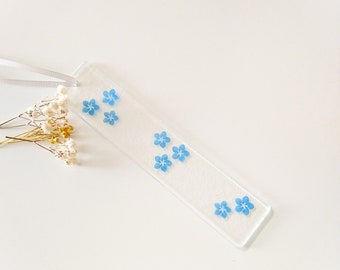 Fused Glass Blue Forget Me Not flower Hanging, Sandblasted Glass, Handcrafted