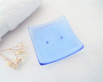 Fused Glass Small Square Soap Dish, Sapphire Blue tint