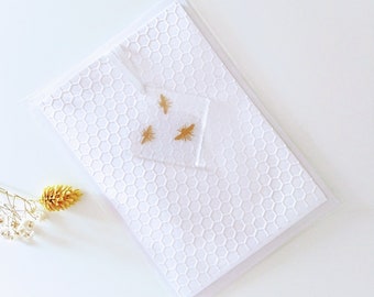 Embossed Greetings Card with Fused Glass Three Little Bees Hanger Gold/White