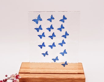 A Collection of Blue Butterflies, Fused Glass Panel design in a wooden stand