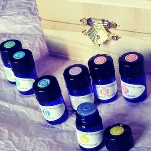 May include: A set of seven small blue glass bottles with labels and colored symbols. The bottles are arranged in a row on a white surface. The labels include the text "Angels@etsy.com" and the names of different chakras.