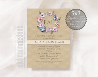 Baptism Invitation Boy Girl Catholic Sacrament Petunia Wreath Initials Bright Kraft Dots