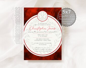 Confirmation Invitation Boy Girl Catholic Sacrament Red Smoke Background